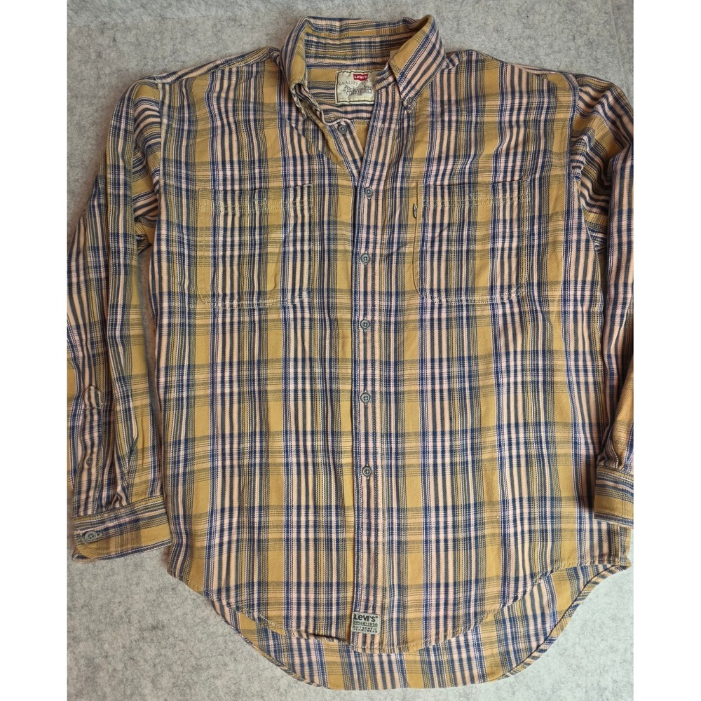 Vintage Levis Plaid Button Down Shirt Mens Large Mustard Yellow Blue Cotton 90s